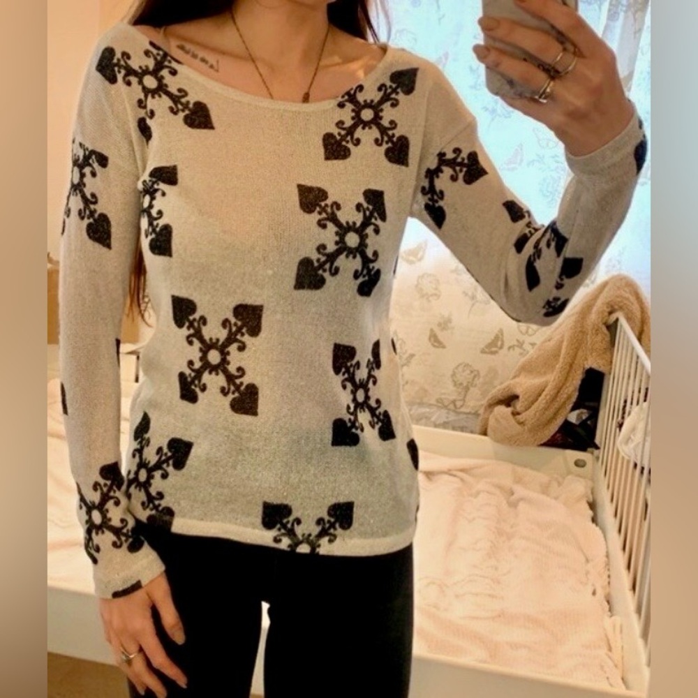 H&M Silver sheer top/sweater black X Patterned Crew Neck lightweight size L
